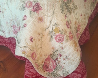 Antiguo/Vintage edredón francés Floral "Boutis" patrón de doble cara REVERSIBLE 100% algodón, cama tamaño queen o tiro de sofá, ropa de cama