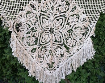 Antique 19th century hand-made FRENCH "Renaissance" lace "triangular" valance curtain, bedhead, filet lace with floral work, spectacular !