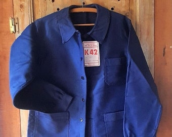 Vintage French MOLESKIN Dark Blue Chore jacket 100% cotton workwear, Deadstock, never worn,arty, casual, boho, - great unisex garment !