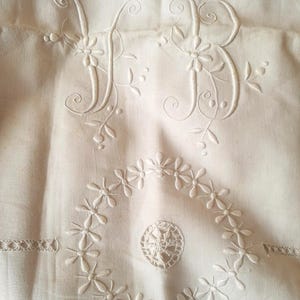 French Antique Pure Linen Queen size Bridal trousseau Sheet with Large hand-embroidered Monogram, also for curtains or sofa throw !