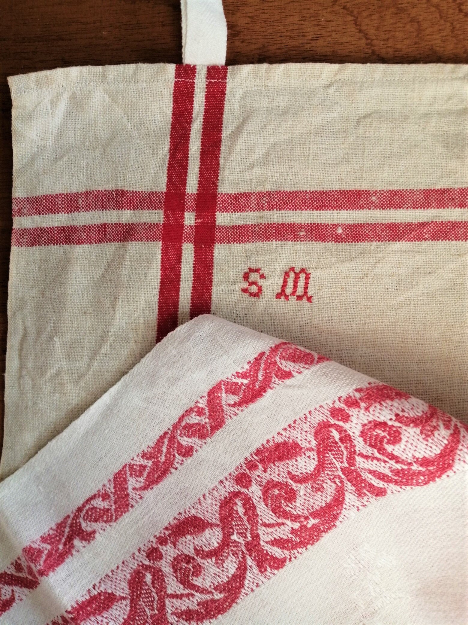 Christmas Bundle French Vintage Teatowels X 2 Épais Pur Lin, Motif Traditionnel et Design Damask Pri