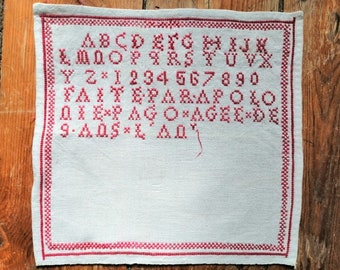 Antique French Redwork Sampler: 1920s Cross-Stitch Abécedaire