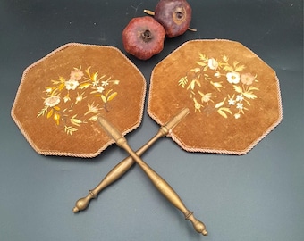 Antique Napoleon III Hand-Embroidered Velvet Fire Screen Fans: Floral Decor, Pair