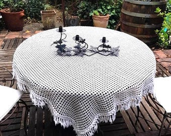 Antique French Crochet Tablecloth or Curtain: Ecru Cotton Filet Work
