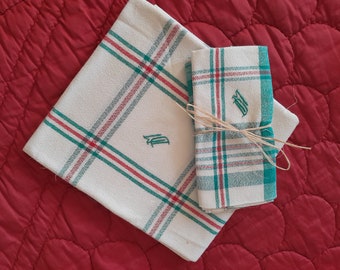 Vintage French Damask Tablecloth Set: Green Red Plaid, DM Monogram