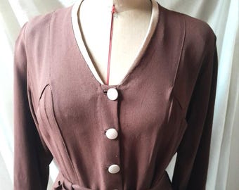 Antique 1940's French Dress: Brown and White Crepe de Chine - Size LM to L