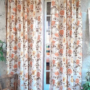Antique French curtain pair 234 X 139cm // 92 x 55 inches, lovely floral motif, fringed border, option tiebacks, mid-century 1940&#39;s !