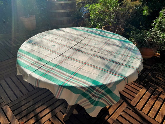 Vintage französische Damast Tischdecke : Grün Rot Kariert, DM Monogramm