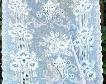 Vintage French Floral Lace Curtain Panel or Tablecloth, Cotton Netting Drape