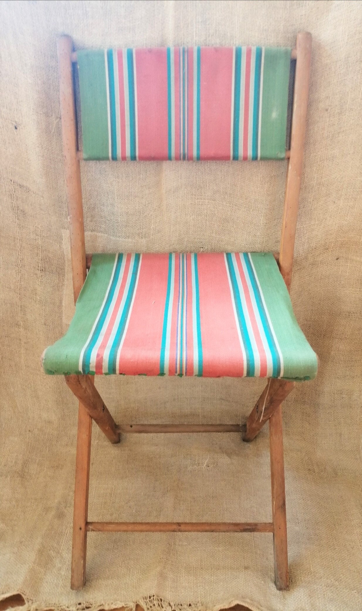 Vintage French Striped Folding Canvas et Chaise en Bois Pour Déco Maison, de Pique-Nique ou Camping,