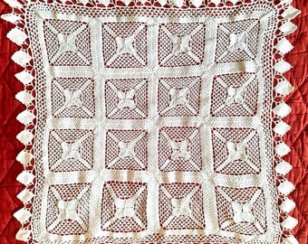 Antique French Hand Crocheted Pillow Sham: 1930s Decorative Cover