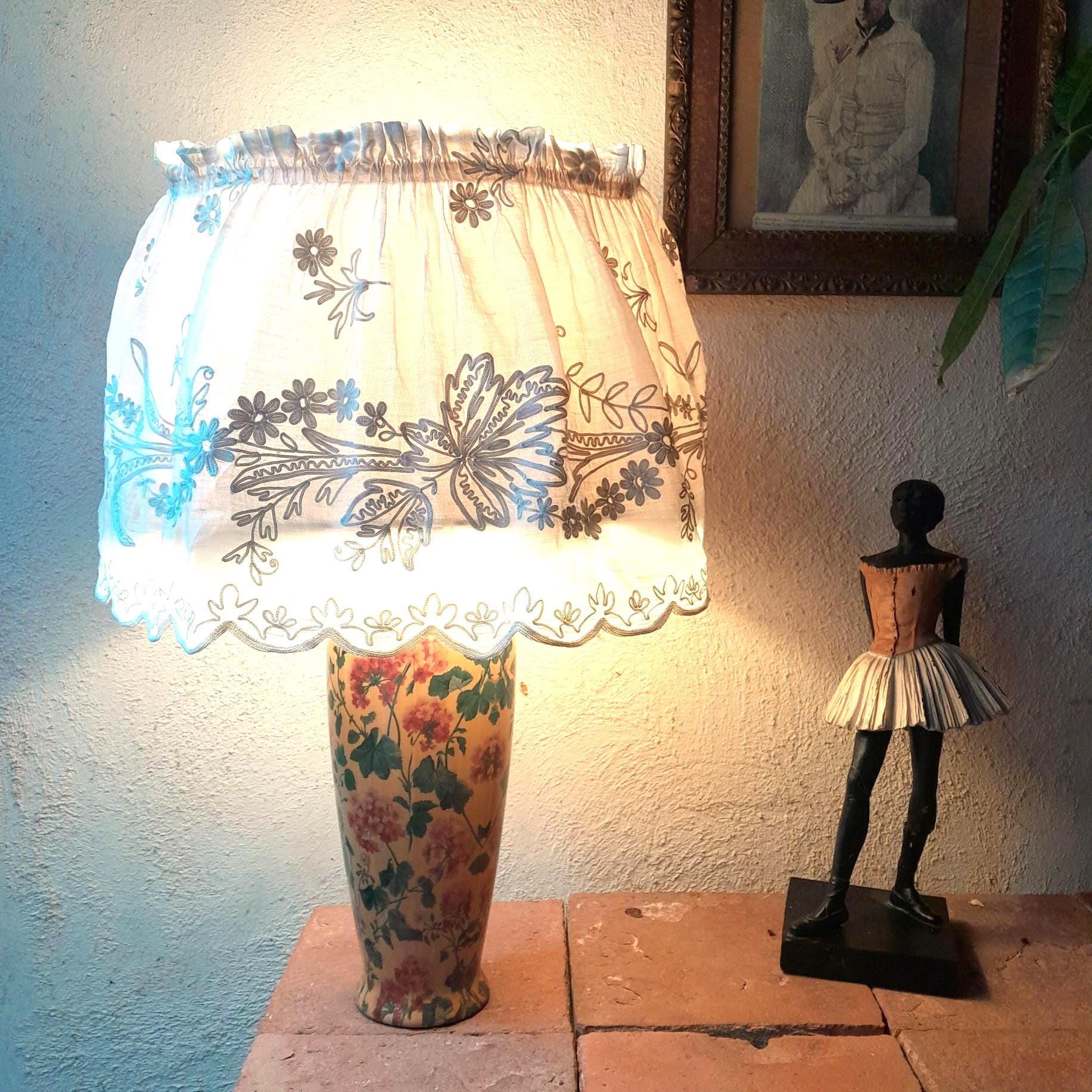 Antique French  CORNELLI lace LAMPSHADE, handmade floral whitework embroidery, home decor, craft, textile addict !