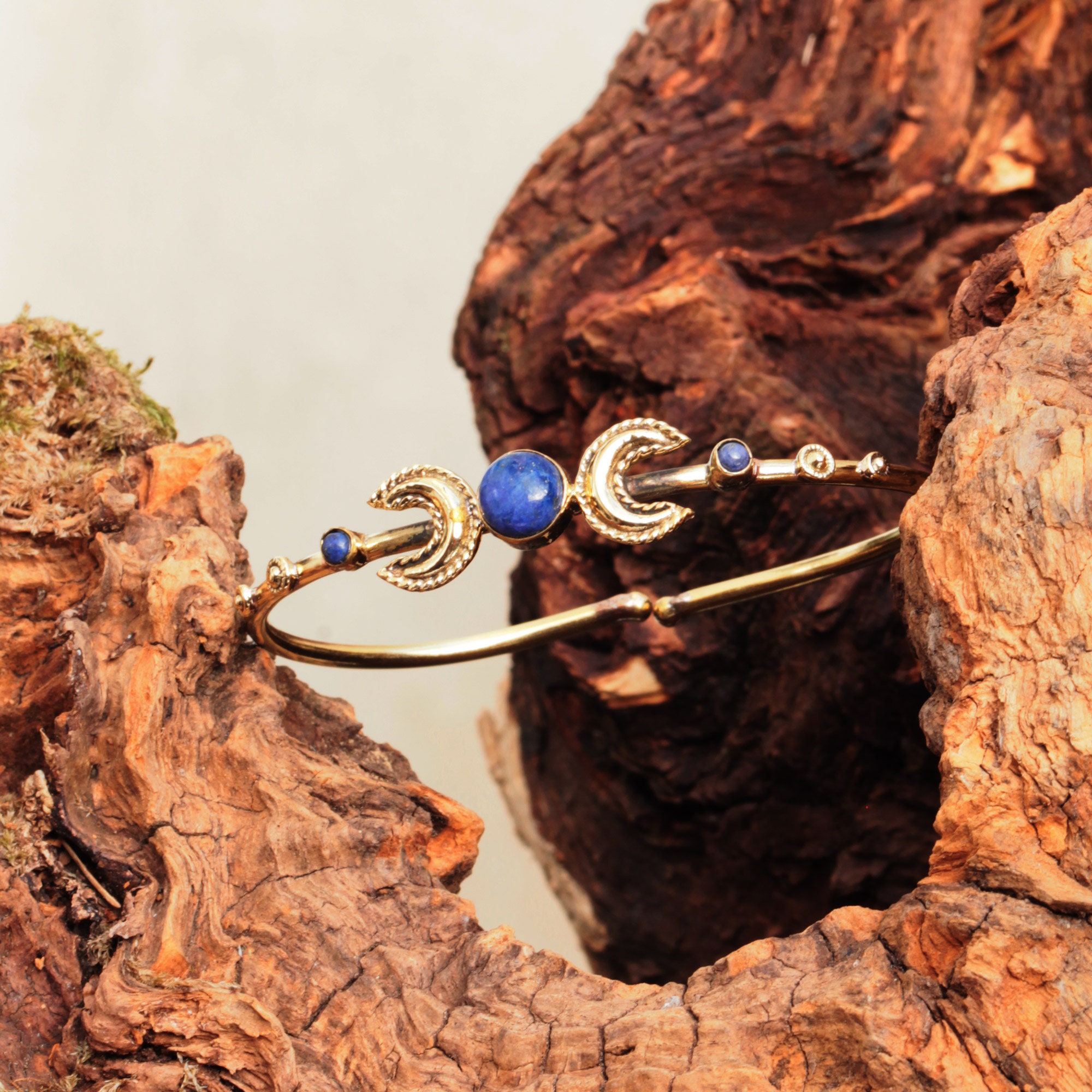 Double Moon Bangle With Ornaments and Healing Stone, Boho