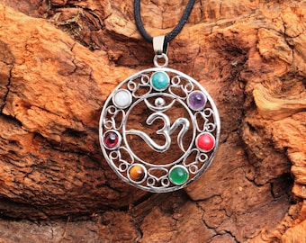 Heilstein Kettenanhänger „Chakra Circle“ Boho Hippie Style, Vintage, Handarbeit, schönes Schmuck Geschenk