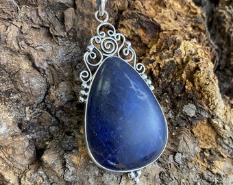 Unique blue sodalite gemstone pendant, boho hippie style, vintage, handmade, beautiful jewelry gift