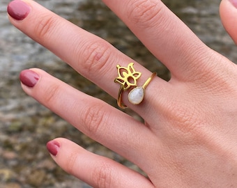 Ring mit Mondstein „Lotus“ größenverstellbar, Boho Hippie Style, Vintage, Handarbeit, schönes Schmuck Geschenk