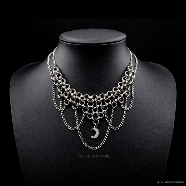 Japanese 8in2 Chain and Moon Pendant Necklace | Chainmail Necklace | Stainless Steel