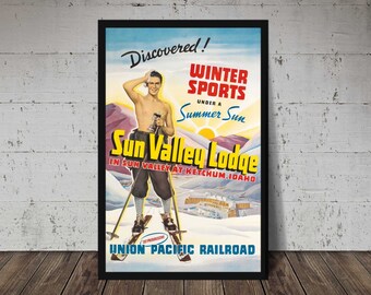 Vintage SUN VALLEY IDAHO Ski Print - Vintage Ski Art, Ski Home Decor, Antique Ski, Ski Lodge Wall Decor, Ski Poster