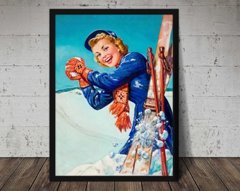 1937 FUN In The SNOW Lithograph Print - Vintage Ski Art, Ski Home Decor, Antique Ski, Ski Lodge Wall Decor, Ski Poster