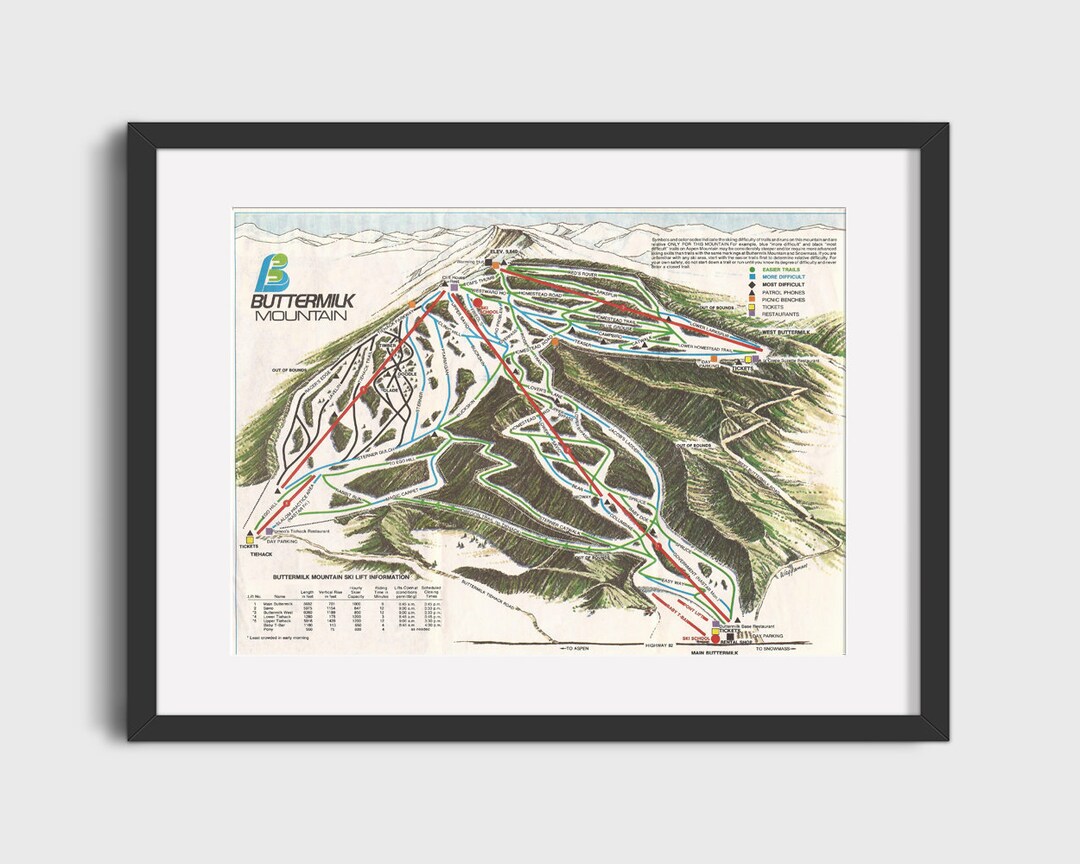 1979 ASPEN BUTTERMILK Ski Trail Map Ski Home Decor, Ski Lodge Wall