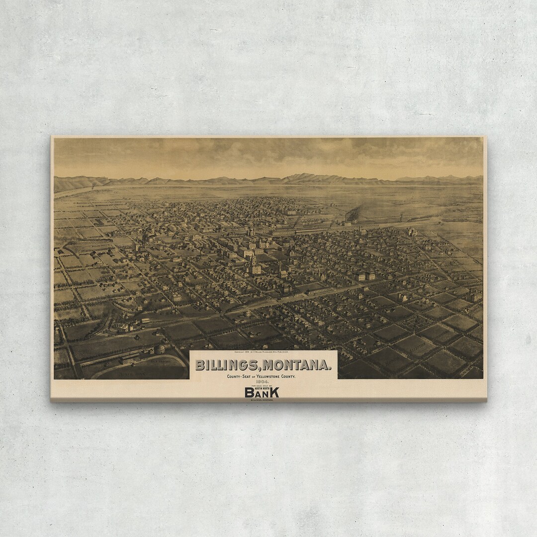 1904 MAP of BILLINGS, MONTANA Wrapped Canvas Vintage Map, Vintage City Map, Vintage State Map