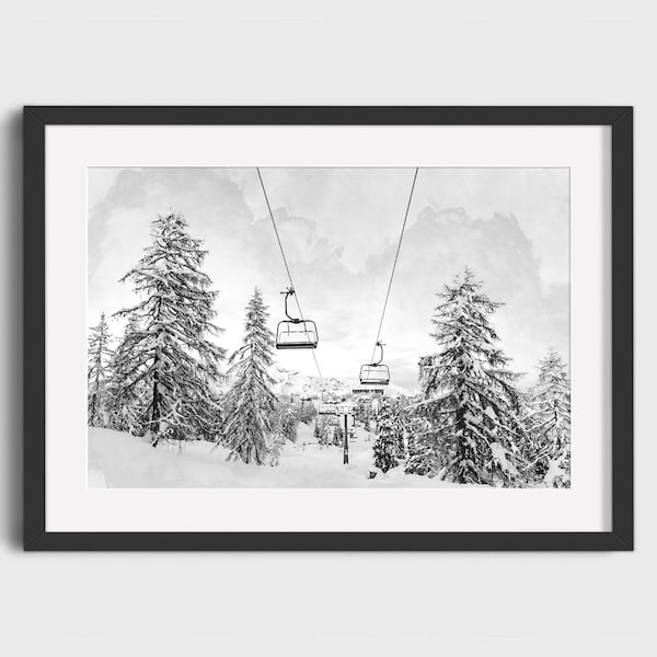 SKI CHAIR LIFT Watercolor Painting - Black and White Watercolor, Ski Home Decor, Skier Print, Ski Lodge Wall Decor, Ski Poster