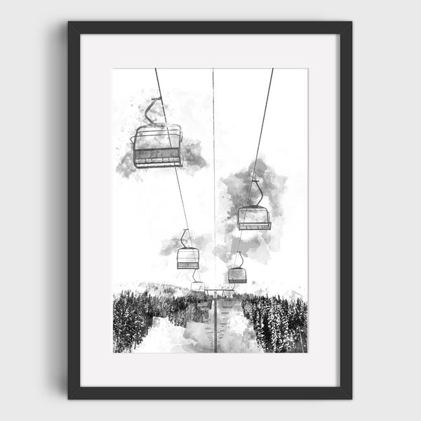 SKI CHAIR LIFT Watercolor Painting - Black and White Watercolor, Ski Home Decor, Skier Print, Ski Lodge Wall Decor, Ski Poster