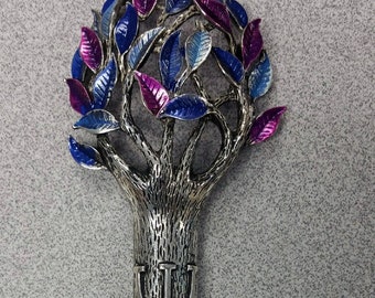 Tree of Life Mezuzah with Fall colored Painted Leaves in blues