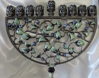 Pomegranate Hanukkah Menorah for Chanukah Navy and Green