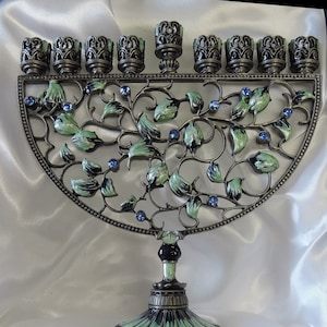 Pomegranate Hanukkah Menorah for Chanukah Navy and Green