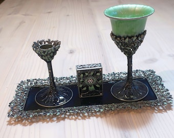 Tree of Life Blue Havdalah Set in Navy Blue and Green