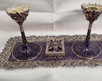 Tree of Life Purple Shabbat Candle Set in Earth tones