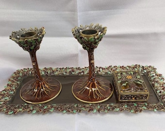 Tree of Life Brown Shabbat Candle Set in Earth tones