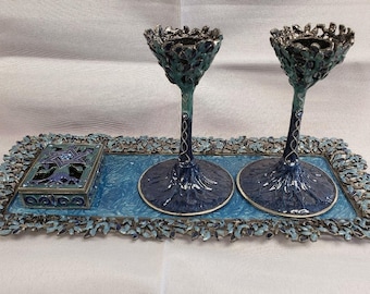 Tree of Life Blue Shabbat Candle Set