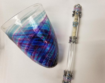 Kit de mezuzá con forma de corazón de cristal para boda judía en azul y morado