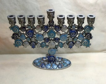Swirly Pomegranates in shades of Blues Chanukah Menorah