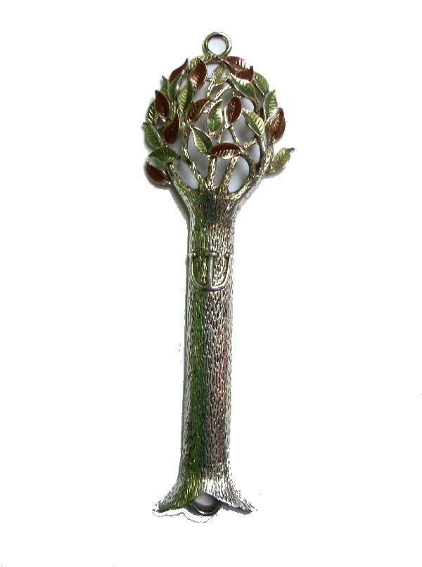 Tree of Life Mezuzah with Brown and Green Autumn colored Painted Leaves