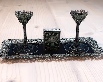 Tree of Life Blue & Green Shabbat Candle Set
