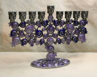 Swirly Pomegranates in shades of Purple Chanukah Menorah