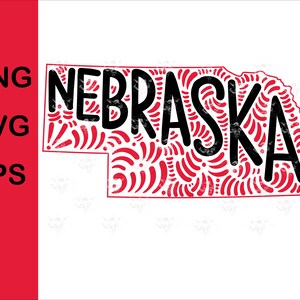 May include: A black and red graphic of the state of Nebraska. The word "NEBRASKA" is in black, with red decorative patterns filling the state outline. The left side has the text "PNG, SVG, EPS, AI" in white.