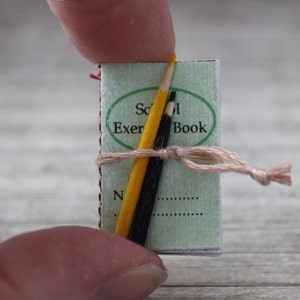 May include: A small green notebook with red trim and the words "School Exercise Book" printed on the cover. Two pencils, one yellow and one black, are tied to the notebook with twine.