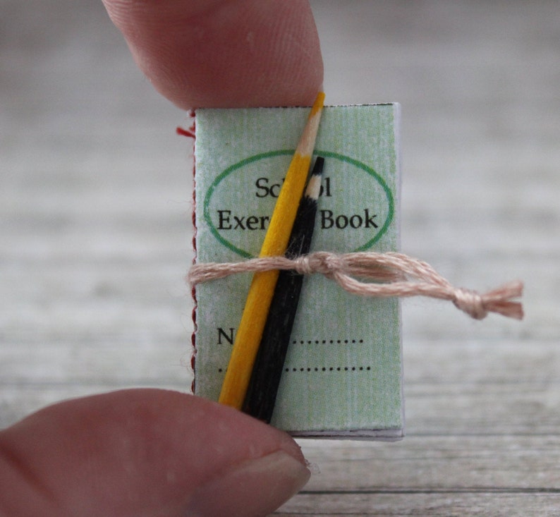 May include: A small green notebook with red trim and the words "School Exercise Book" printed on the cover. Two pencils, one yellow and one black, are tied to the notebook with twine.
