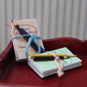 May include: Two miniature school books with pencils on a red surface. The larger book is red and has the text "School Exercise Book" and "Name" on the cover. The smaller book is green and has the text "School Exercise Book" on the cover.