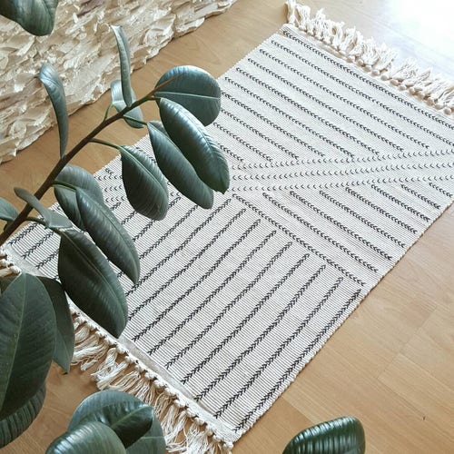 Boho Rug Small Area Rug Black and Cream Rug Tassels Rug Etsy