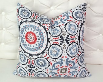 Bohemian Pillow Cover 18 x 18 / Ikat Pillows / Blue Throw Pillow Case / Boho Pillow / Summer Decor