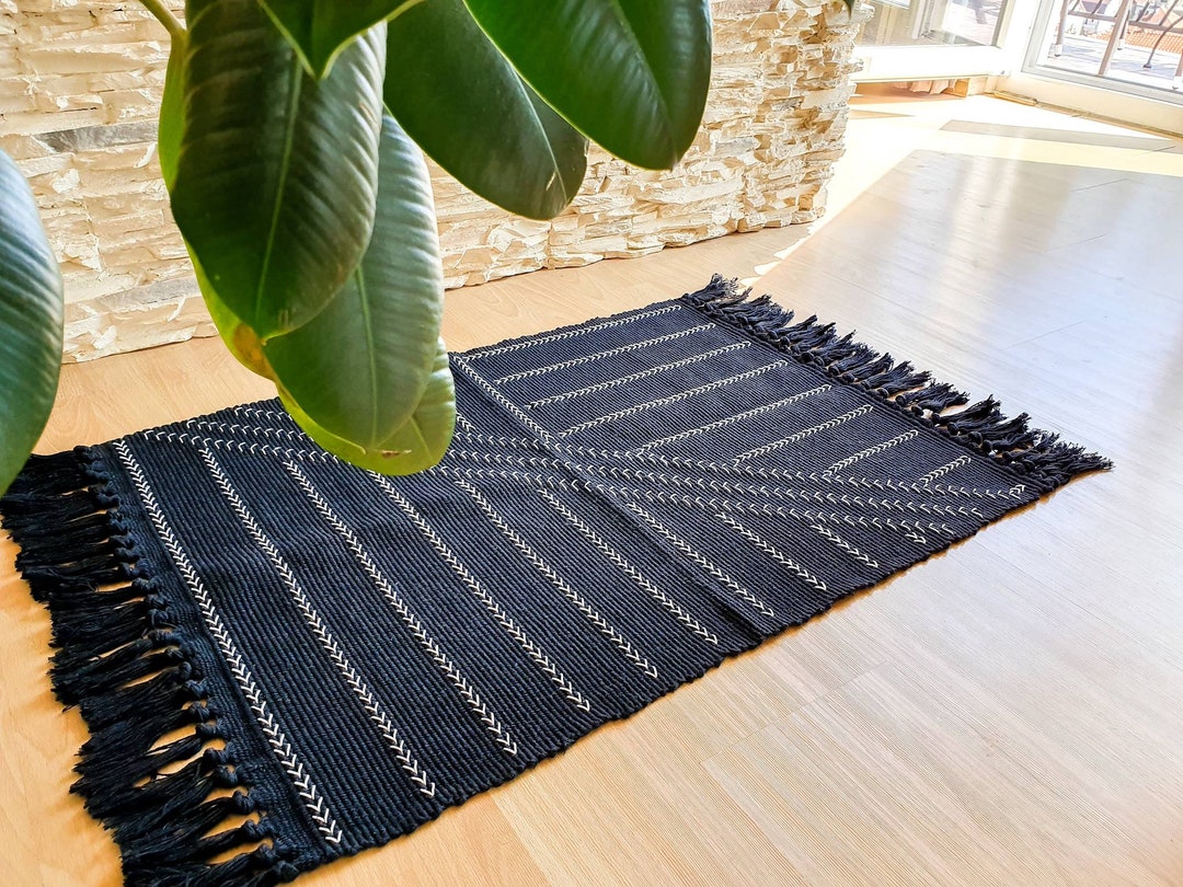 Boho Rug Small Area Rug Black and Cream Rug Tassels Rug Etsy
