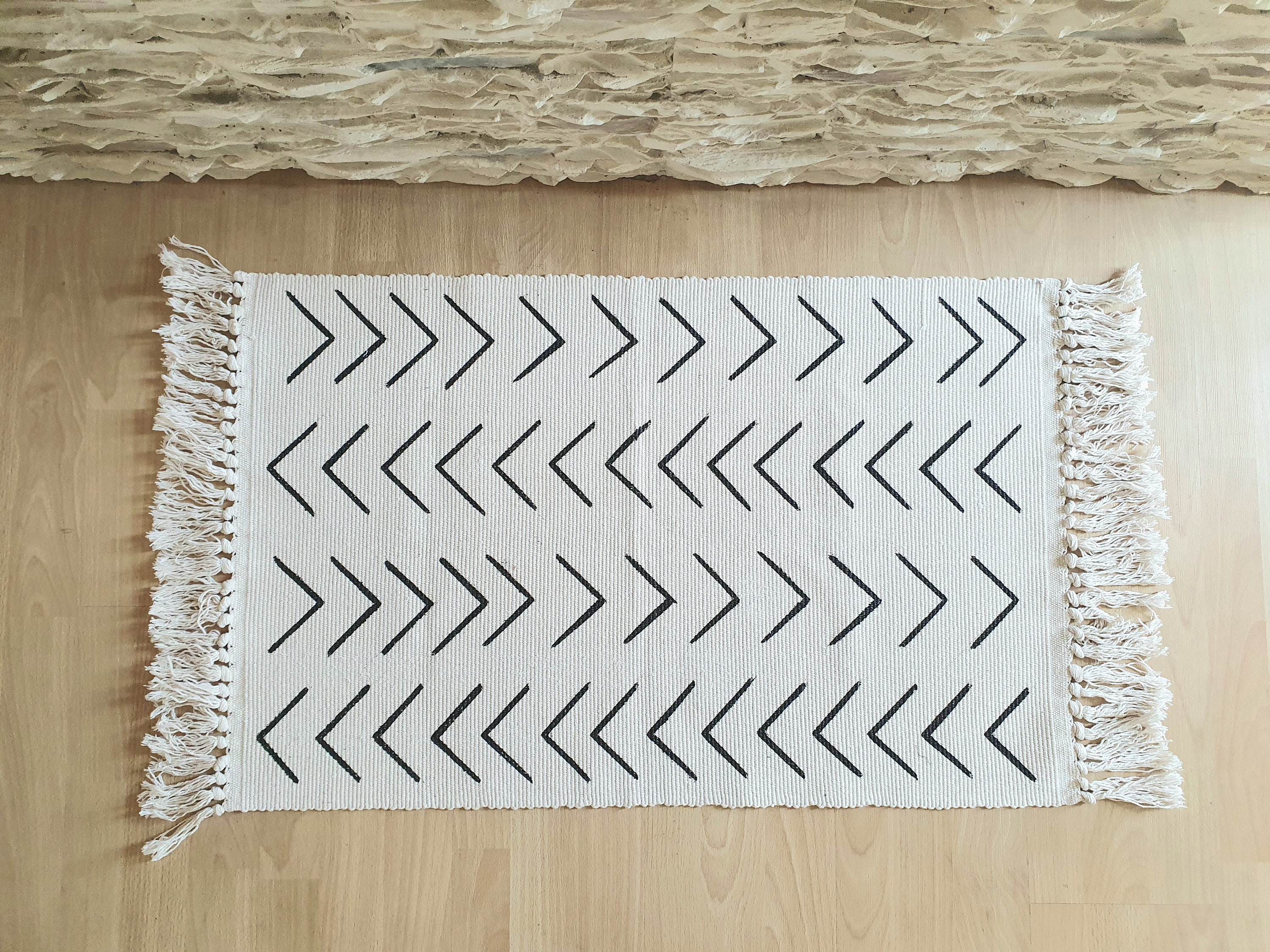 Boho Rug, Mudcloth Rug, Small Area Rug, Black and Cream Rug, Tassels