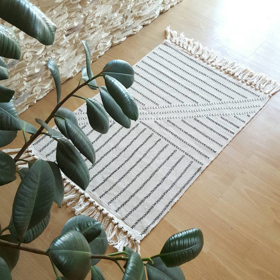 Boho Rug Small Area Rug Black and Cream Rug Tassels Rug Etsy