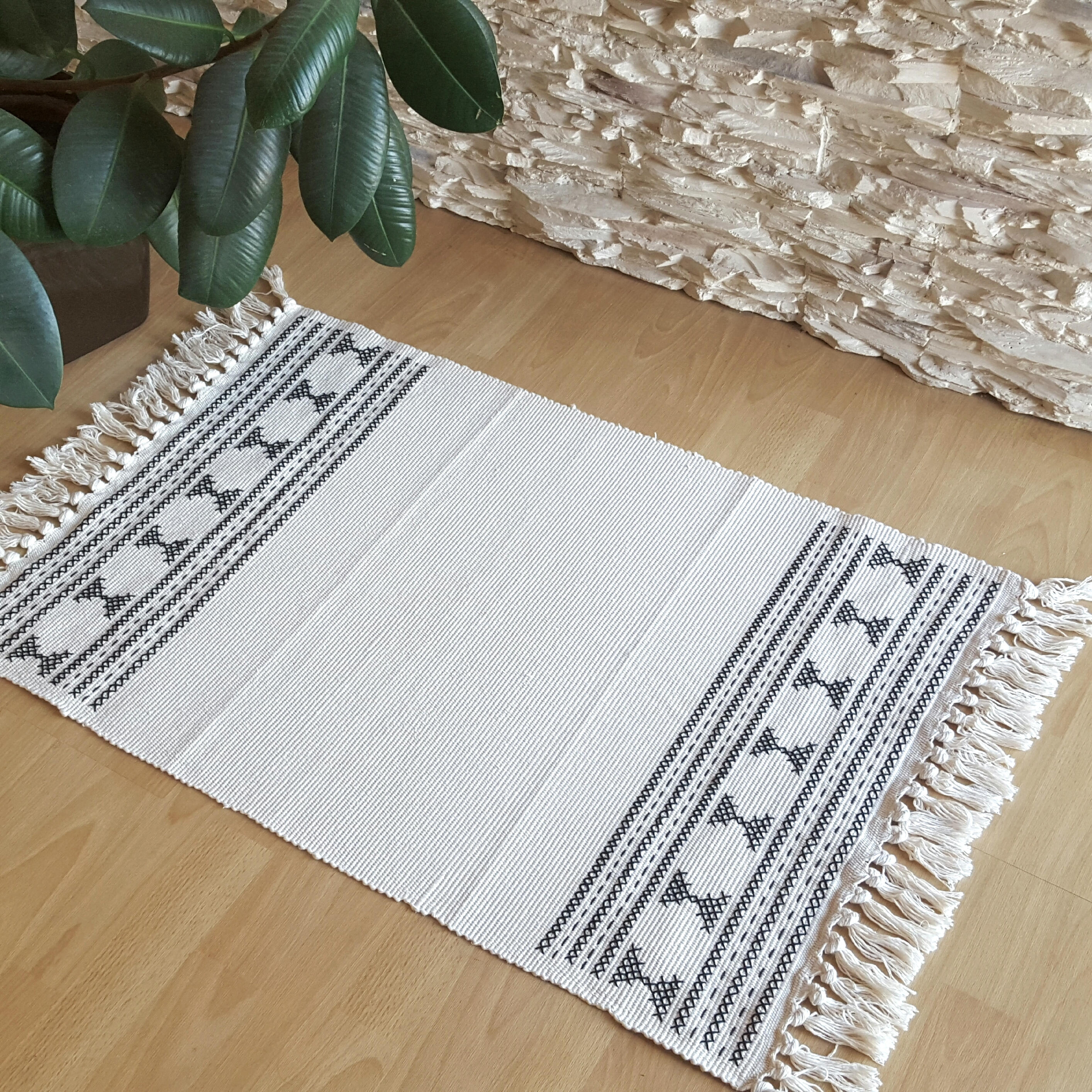 Boho Rug Small Area Rug Black And Cream Rug Tassels Rug Etsy