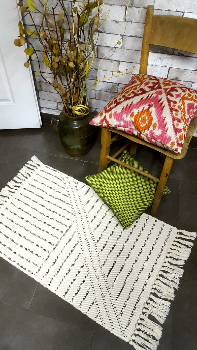 Boho Rug Small Area Rug Black and Cream Rug Tassels Rug Etsy